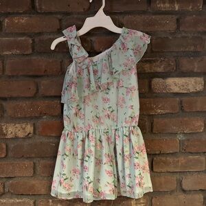 Mayoral Girls Mint Green Floral One-Shoulder Ruffle Romper